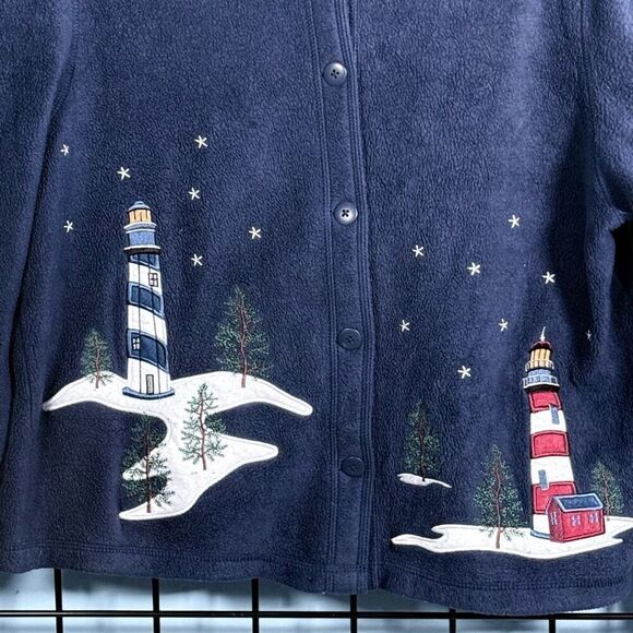 Vintage Fleece Button Front Sweater Womens M Blue Lighthouses Cottagecore - Picture 4 of 10